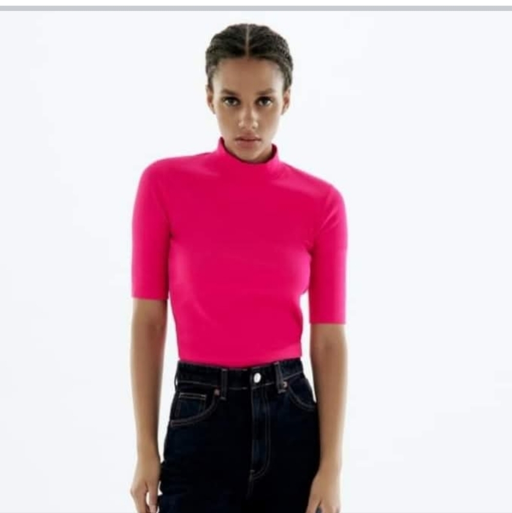 Zara Mock Neck Pink Ribbed Small Shirt NWT